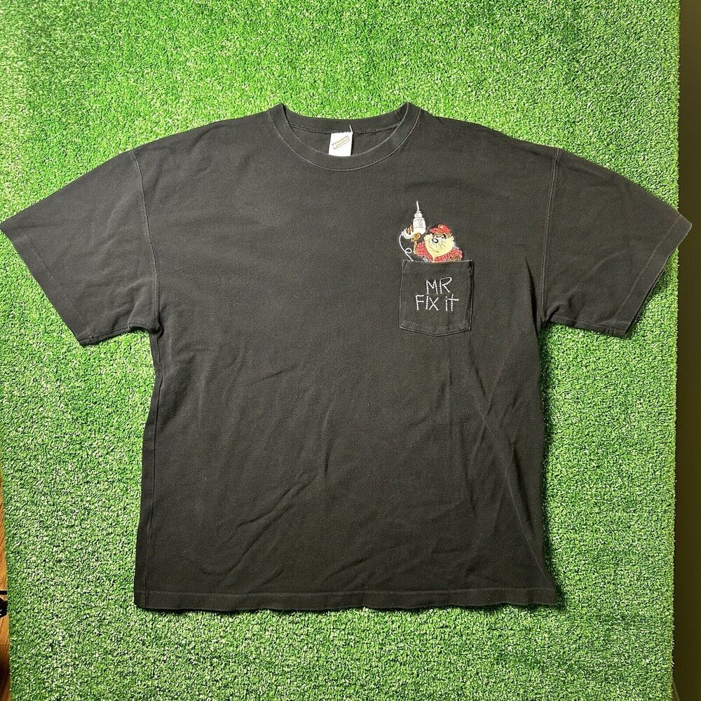 Vintage 1999 Looney Tunes Taz Mr Fix It Knit T Shirt Men's XL Black Warner Bros